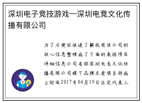 深圳电子竞技游戏—深圳电竞文化传播有限公司